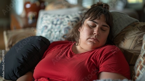 Lazy Day Oversized Fat Lady Sleeping on the Couch Sofa Wearing a Red T-Shirt