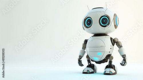 Cute and friendly robot standing and looking at the camera with a curious expression. The robot is white and has blue eyes.