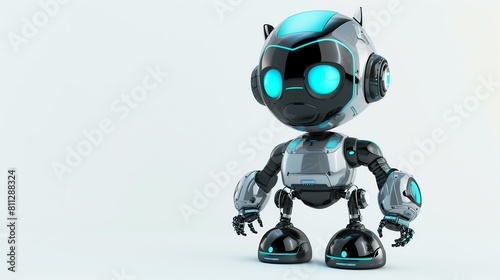 A cute and friendly robot with big eyes and a blue glow. It has cat-like ears and a sleek silver body. © stocker