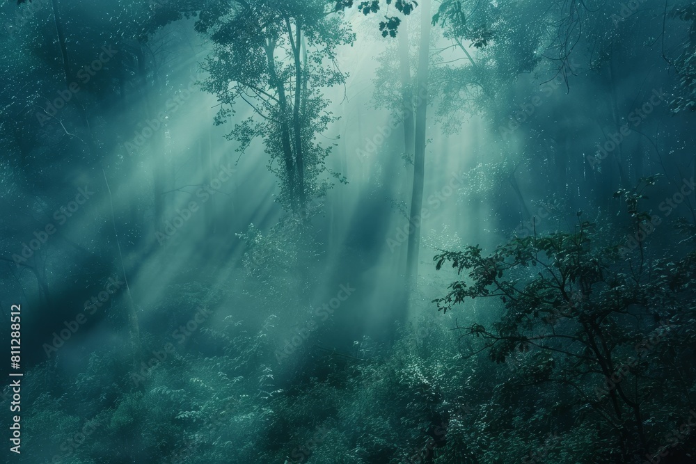 Dense forest filled with numerous green trees on a misty morning, A peaceful, misty morning in a dense foggy forest
