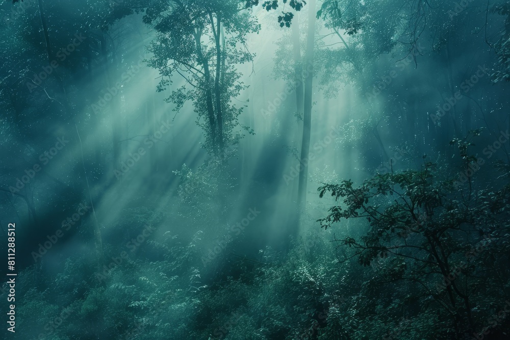 Dense forest filled with numerous green trees on a misty morning, A peaceful, misty morning in a dense foggy forest Dense forest filled with numerous green trees on a misty morning, A peaceful, misty morning in a dense foggy forest