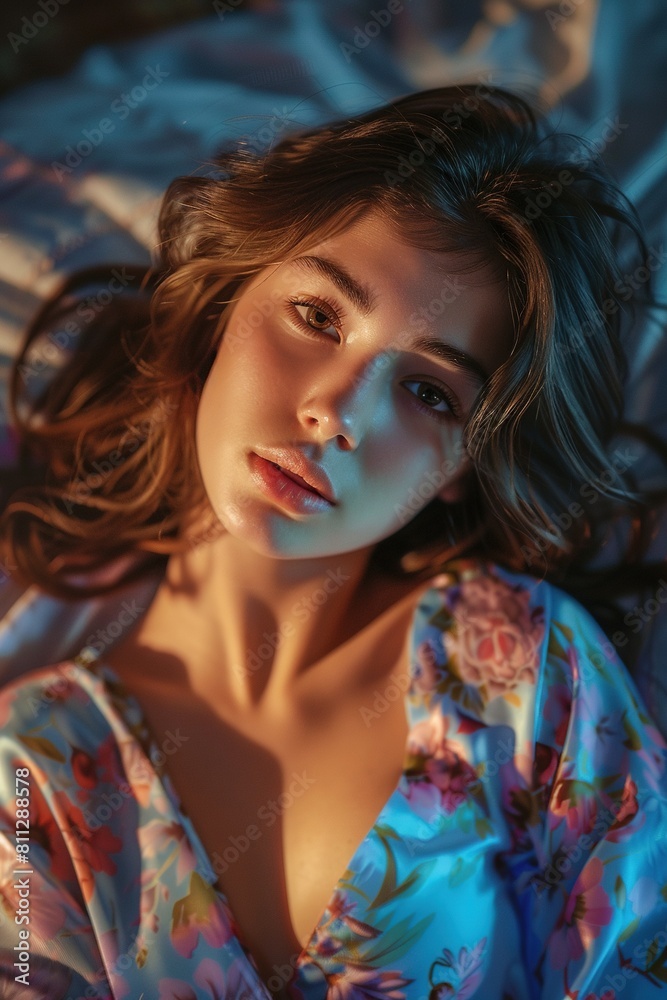 A beautiful woman sitting on the bed in a blue and pink silk robe. A beautiful woman sitting on the bed in a blue and pink silk robe.