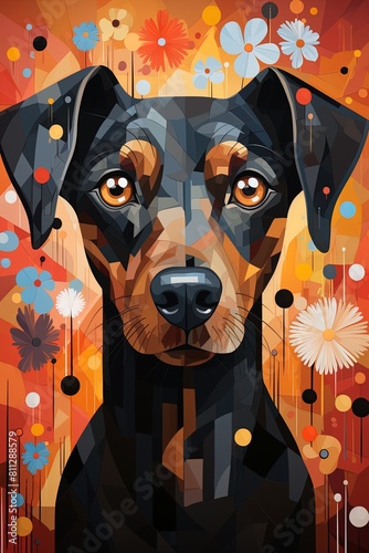 Portrait of a beautiful black dog resembling a guard dog surrounded by flowers.