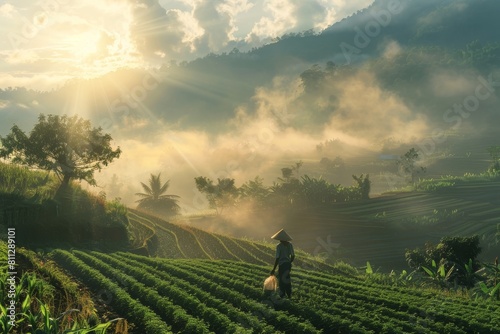 A person walking through a vibrant green field under a clear blue sky  A peaceful scene of a farmer tending to his crops in the early morning light