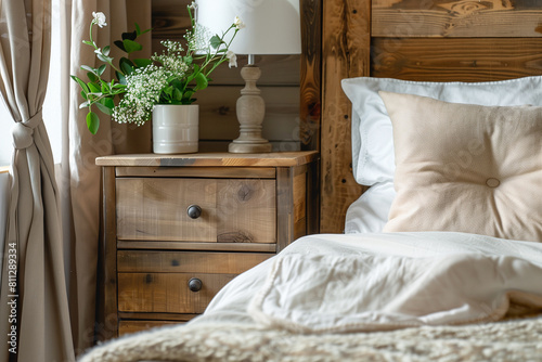 Rustic bedside cabinet near bed with beige pillows. Farmhouse interior design of modern bedroom.