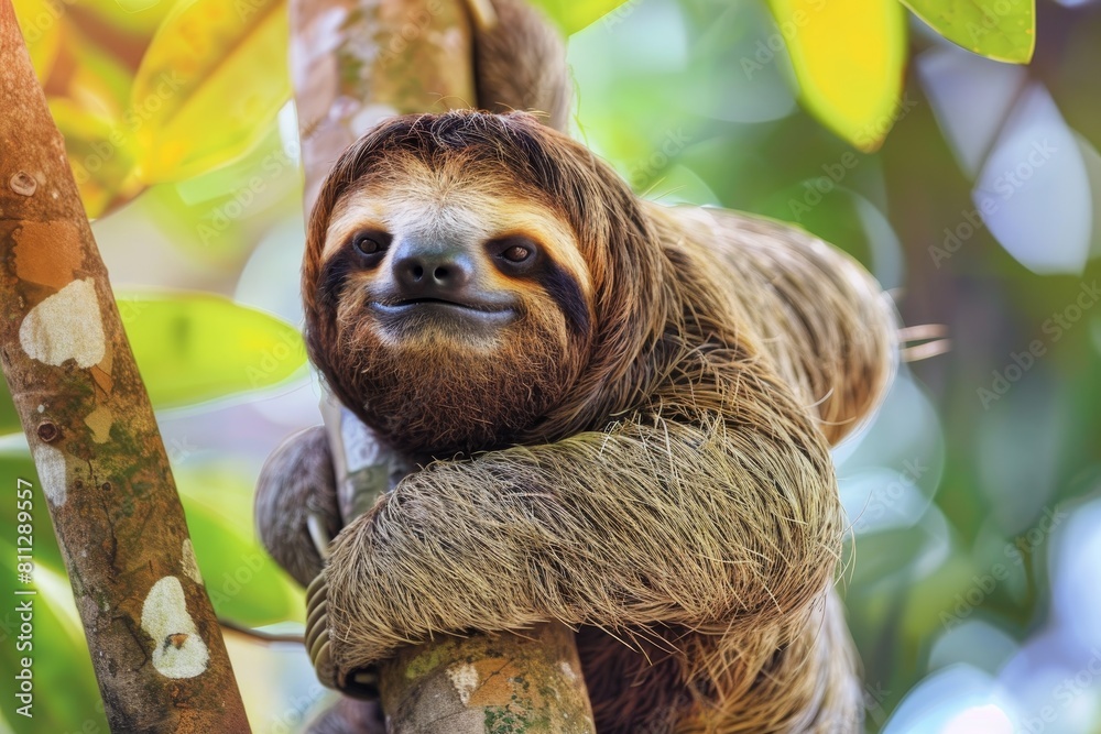 A brown and white sloth is hanging from a tree branch, A peaceful sloth hanging lazily from a tree branch A brown and white sloth is hanging from a tree branch, A peaceful sloth hanging lazily from a tree branch