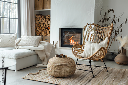 Rattan lounge chair wicker pouf and white sofa by fireplace. Scandinavian hygge home interior design of modern living room.