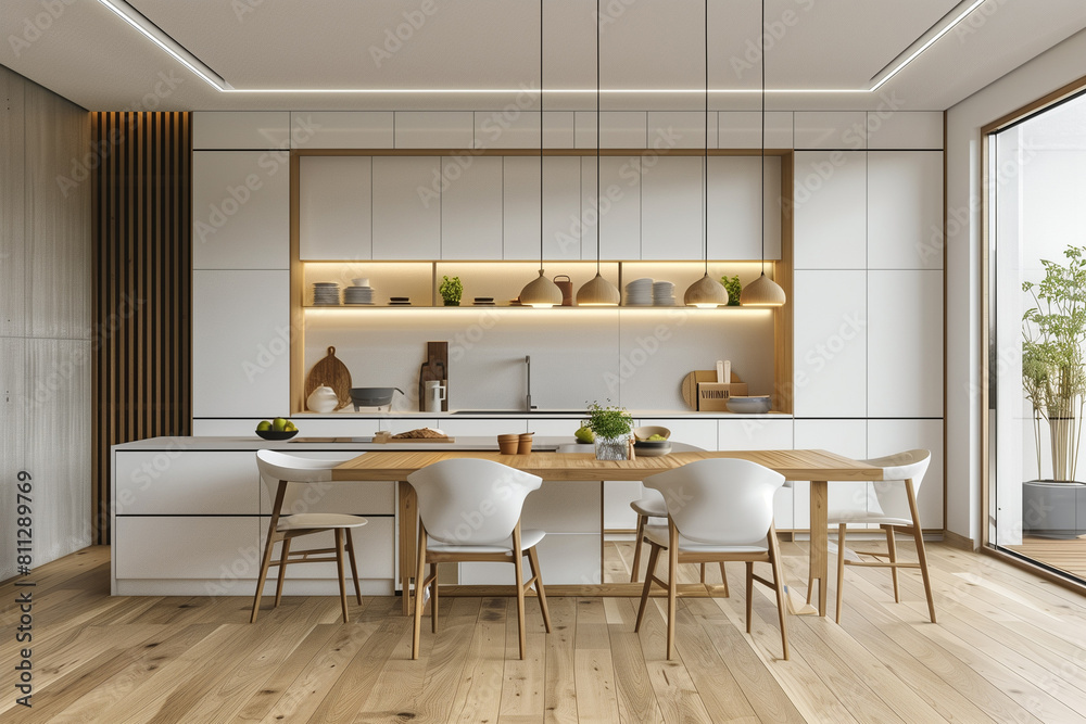 Modern minimalist interior design of kitchen with island dining table and chairs.