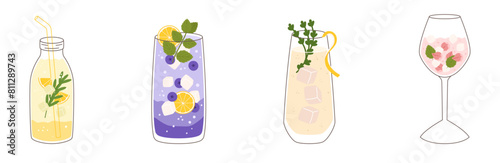Collection with different taste lemonade and various of glasses shapes. Lemon, blueberry, thyme and rose petals. Vector illustration in outline and flat color style.