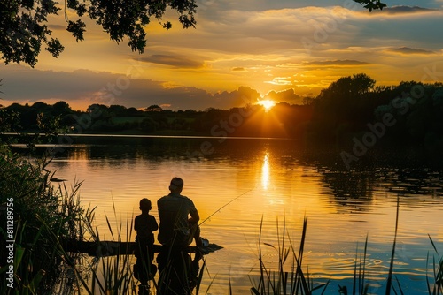 A couple stands by a body of water, enjoying the view and possibly fishing during sunset, A peaceful sunset over a father and child fishing by the lake