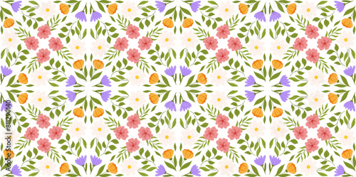 Seamless motif with floral elements. Botanical-inspired recurring design with lilac, orange, and white flowers, pink cherry blossom, various leaves.