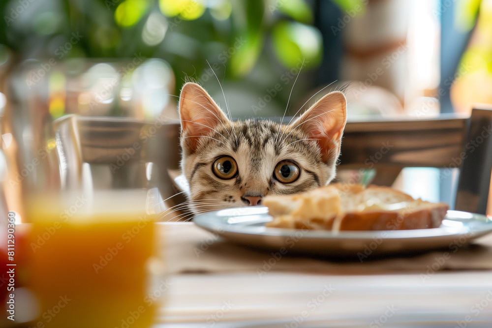 The house cat watches the breakfast feast, standing on the table with curiosity in its eyes. The house cat watches the breakfast feast, standing on the table with curiosity in its eyes.
