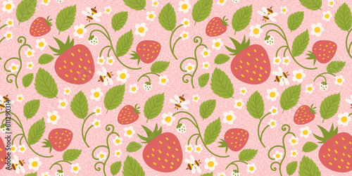 Seamless pattern design highlighting strawberries, cute berries, flowers, green foliage, and a small bee. Repetitive surface design suitable for apparel, fabrics, wrapping paper, and other purposes.