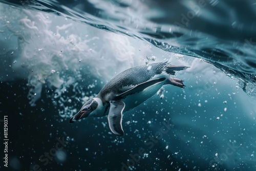 A penguin gracefully swims under the ocean waters  A penguin diving gracefully into icy waters