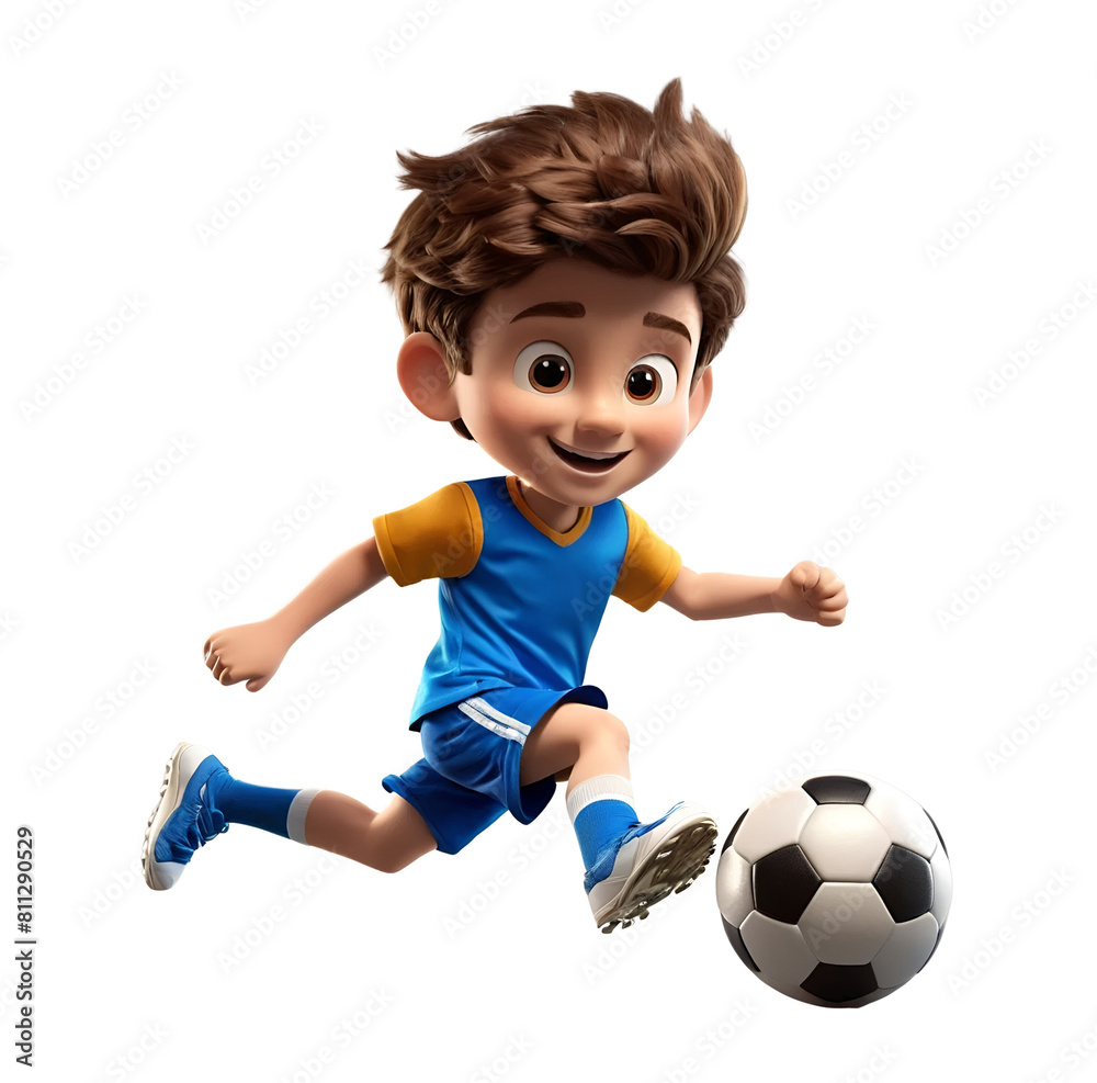 A Kid with big eyes playing football isolated on white background