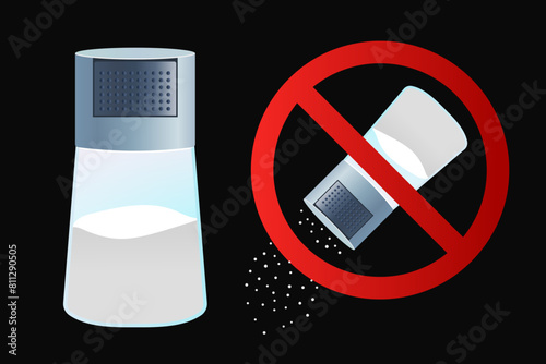 Salt Shaker Flat Vector Illustration on Black Background. Salt Shaker with No Sign. Salt Not Allowed