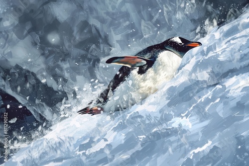 A painting depicting a penguin gracefully swimming in cold water, surrounded by icy blue hues, A penguin sliding down a snowy slope photo