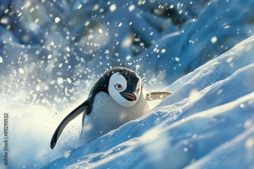 A penguin is walking through the snow in a winter landscape  A penguin sliding down a snowy slope