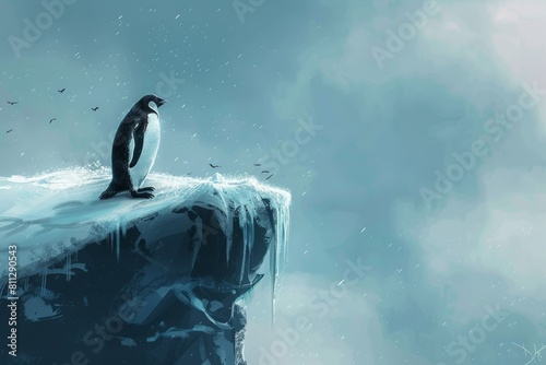 A penguin perched atop a snowy cliff, overlooking the icy waters below, A penguin standing alone on an icy cliff photo