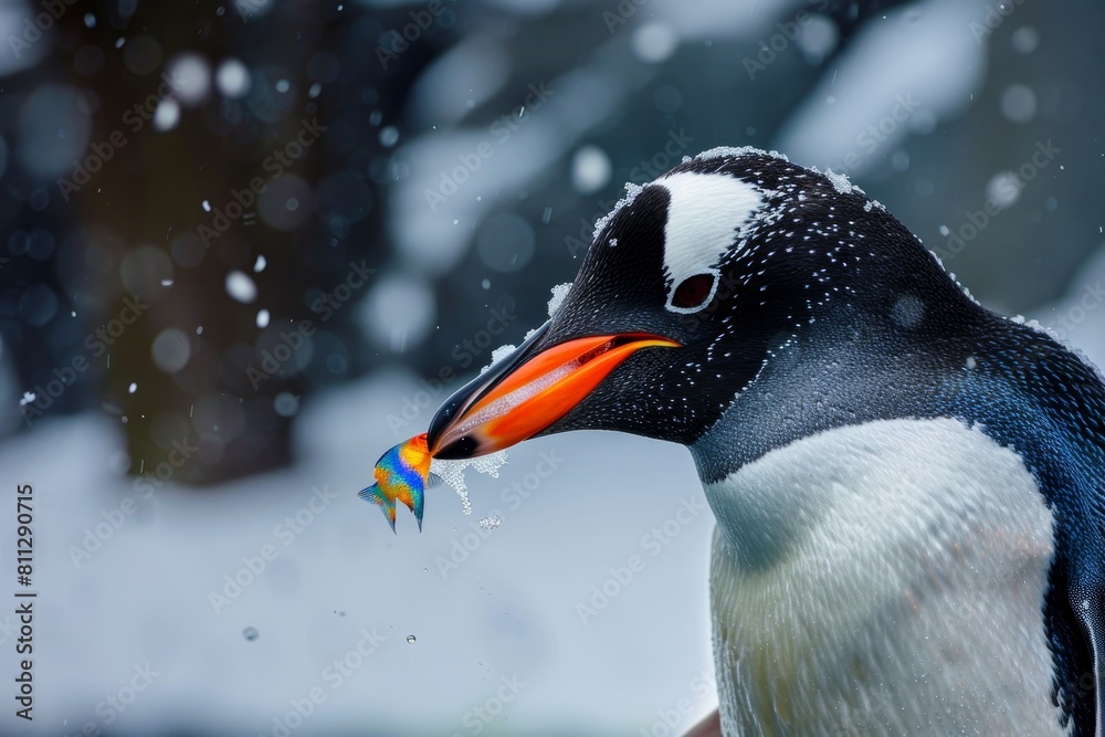 Naklejka premium A penguin with a fish in its mouth, A penguin with a colorful fish in its beak