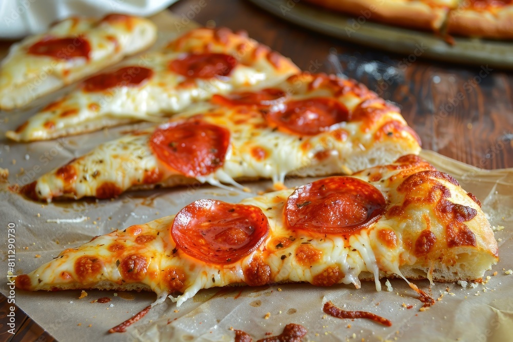 Multiple pepperoni pizza slices with crispy edges arranged on a sheet of wax paper, A pepperoni pizza with perfectly crispy edges and gooey cheese Multiple pepperoni pizza slices with crispy edges arranged on a sheet of wax paper, A pepperoni pizza with perfectly crispy edges and gooey cheese