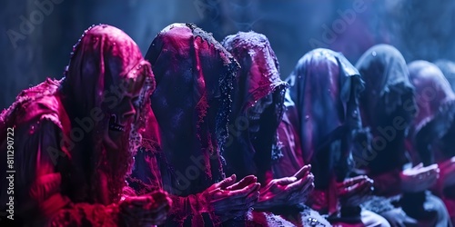 People in a dimly lit room dressed in morbid attire participating in a clandestine society ritual. Concept Gothic Fashion, Dark Photography, Mysterious Atmosphere, Secret Society Rituals photo