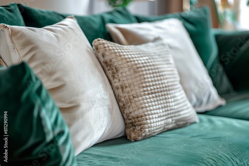 Close up of green velvet sofa with beige pillows. Scandinavian interior design of modern living room home.