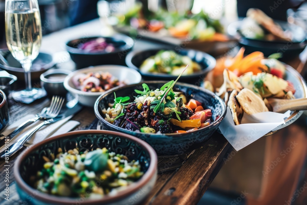 A wooden table displaying various bowls of delicious food, A personalized selection of dishes tailored to your preferences A wooden table displaying various bowls of delicious food, A personalized selection of dishes tailored to your preferences