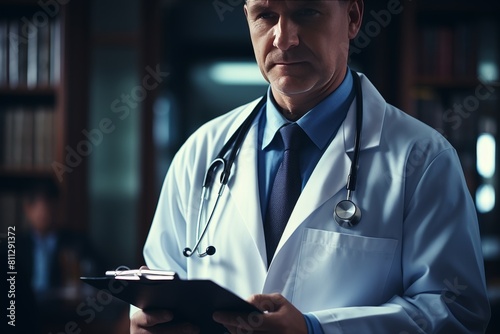 male doctor in white lab coat taking notes by patients bedside in hospital room photo