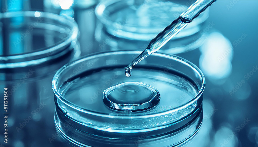 Close up of lab pipette with sample liquid into petri dish. Biomedical research. Science concept. Close up of lab pipette with sample liquid into petri dish. Biomedical research. Science concept.