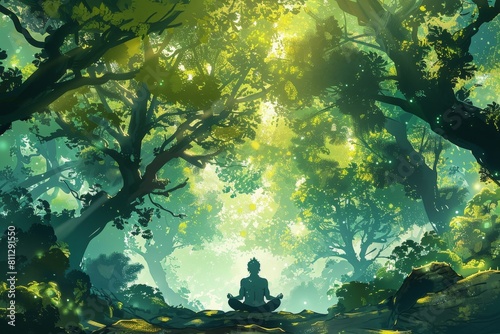 A person sits cross-legged in the center of a dense forest, surrounded by towering trees and dappled sunlight, A person meditating under a canopy of trees in a peaceful forest
