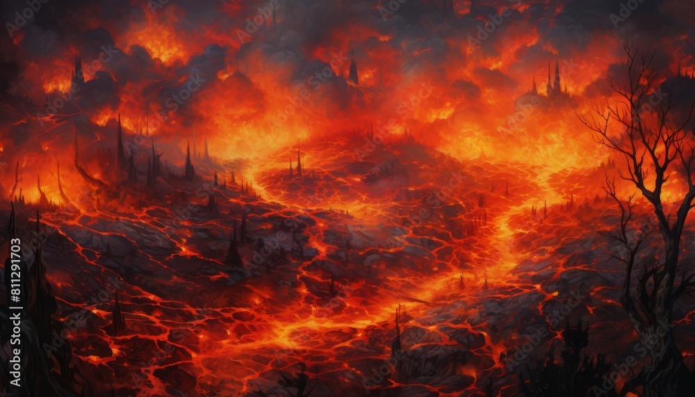 Apocalyptic volcanic landscape engulfed in flames and molten lava