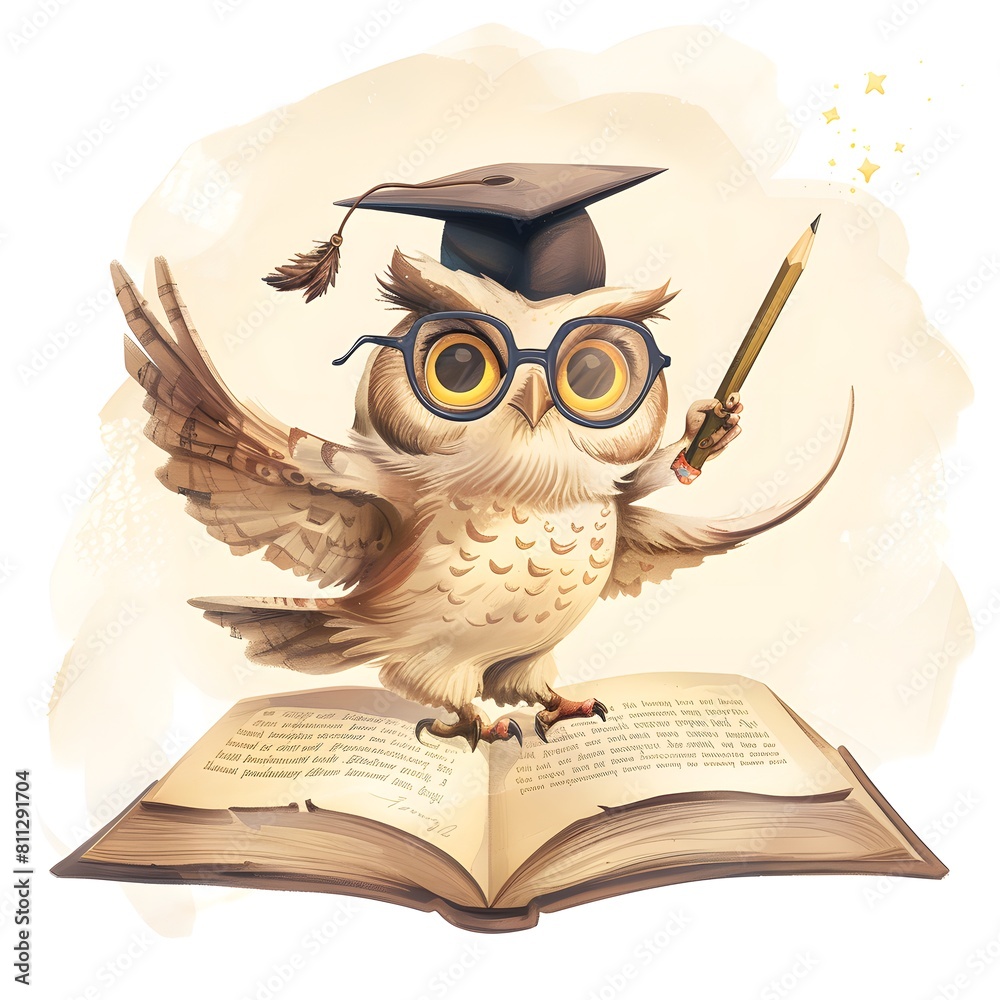 Wise scientist. Cute scientist owl with glasses and graduation cap sitting on a book. An intelligent image of a scientist owl. Cartoon illustration.