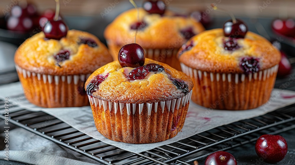   Close-up of a muffin with cherries on a cooling rack