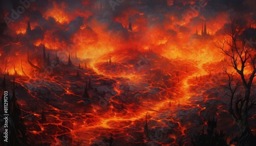 Apocalyptic volcanic landscape engulfed in flames and molten lava