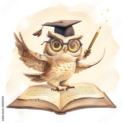 Wise scientist. Cute scientist owl with glasses and graduation cap sitting on a book. An intelligent image of a scientist owl. Cartoon illustration. photo