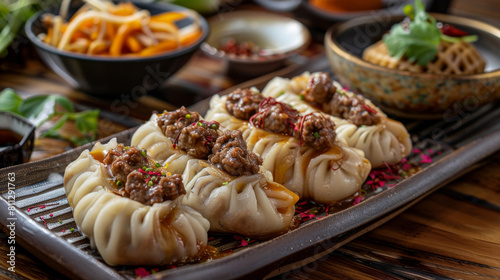 Delightful display of mongolia's culinary culture: authentic mongolian buuz steamed dumplings served on a traditional wooden platter