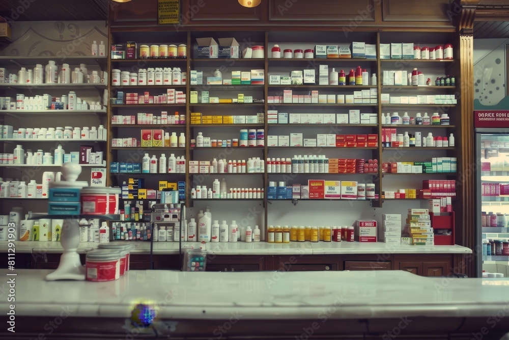 A pharmacy store filled with various bottles of medicines and pills, showcasing a wide range of pharmaceutical products, A pharmacy counter with assorted pills and bottles