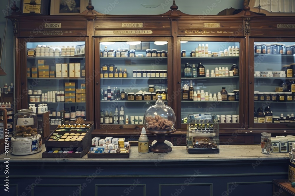 A display case overflowing with various bottles, showcasing a wide selection of products, A pharmacy counter with assorted pills and bottles