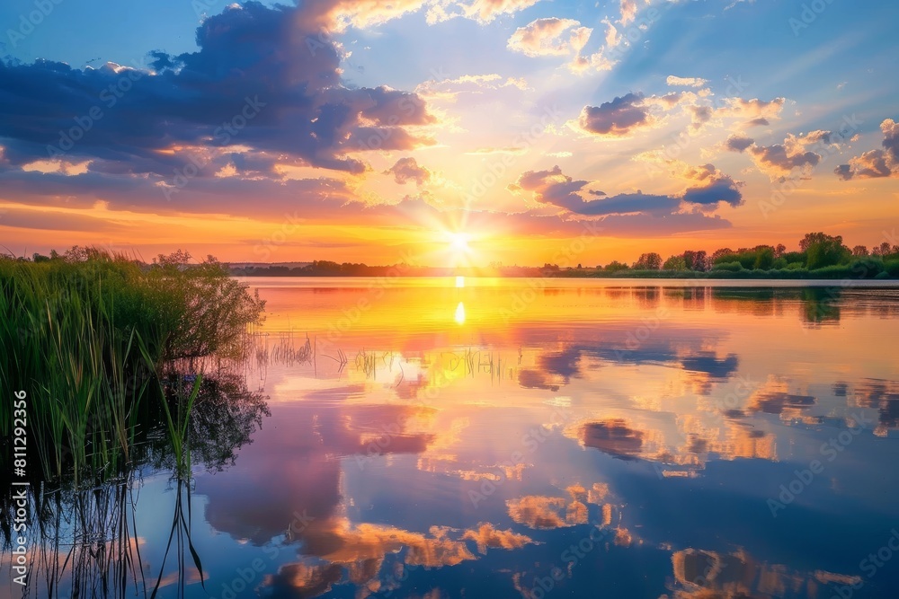 The sun is setting in the sky, casting a warm glow over the water, as clouds drift by, A picturesque sunset over a calm lake