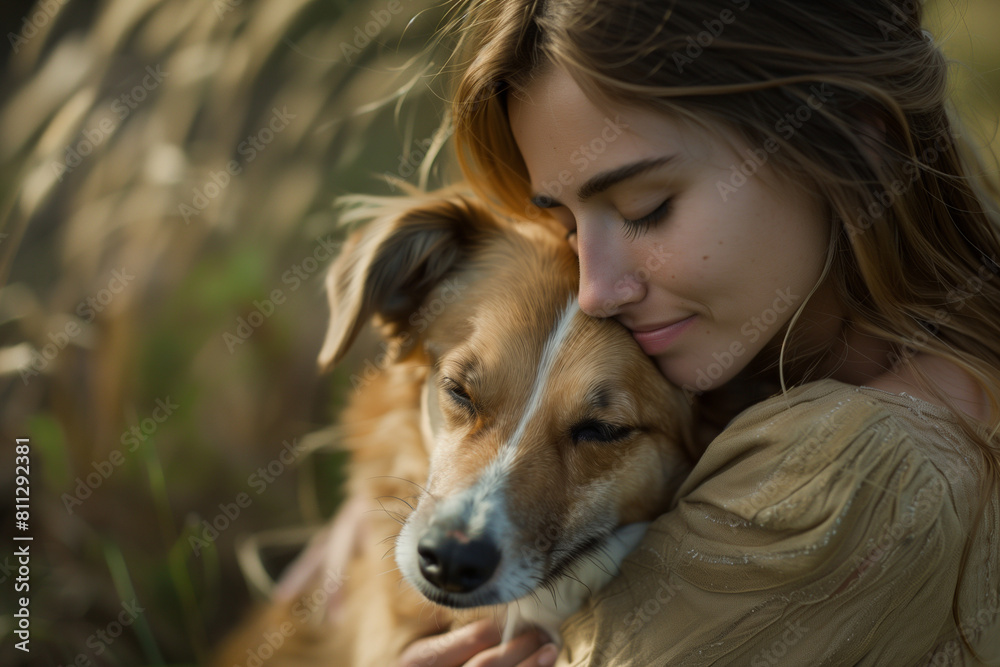 A young woman hugs her dog with love and tenderness, their faces are close to each other and their eyes radiate joy from this touching moment. A young woman hugs her dog with love and tenderness, their faces are close to each other and their eyes radiate joy from this touching moment.