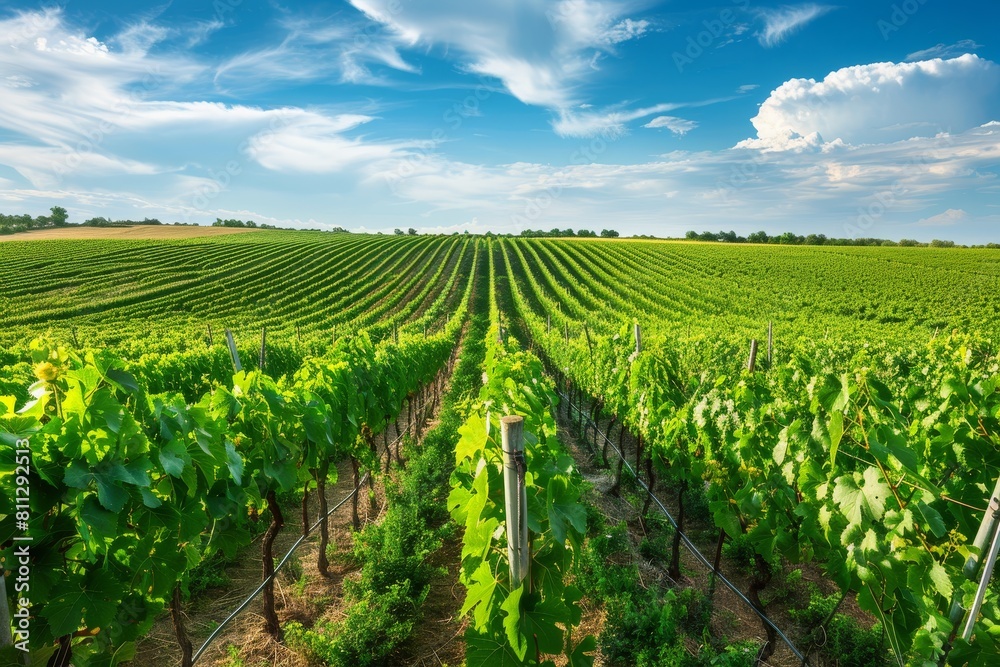 A large field of green plants stretches under a clear blue sky, A picturesque vineyard, with rows of grapevines stretching towards the horizon under the summer sun
