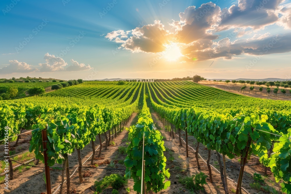 Bright sun illuminates rows of grapevines in a vast vineyard, A picturesque vineyard, with rows of grapevines stretching towards the horizon under the summer sun Bright sun illuminates rows of grapevines in a vast vineyard, A picturesque vineyard, with rows of grapevines stretching towards the horizon under the summer sun