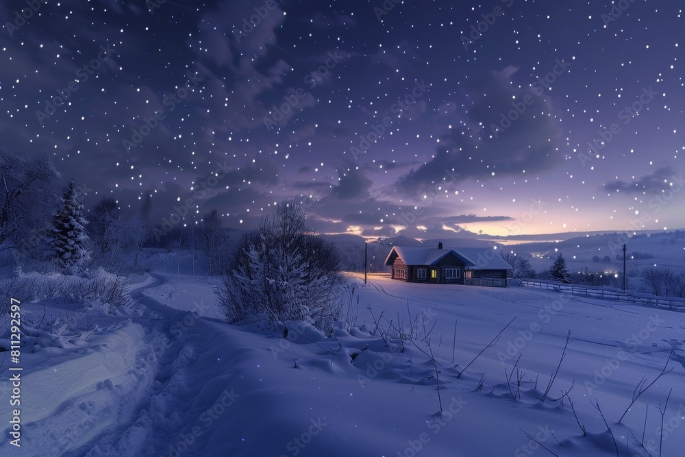 Snow blankets a field with a house in the distance under a starry sky in a winter landscape, A picturesque winter landscape with a starry sky and shimmering snowflakes falling gently