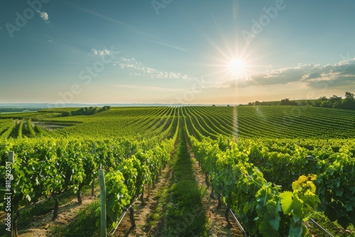 Sun Shining Over Large Vineyard  A picturesque vineyard  with rows of grapevines stretching towards the horizon under the summer sun