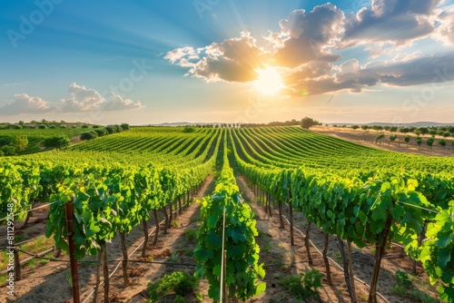 Bright sun illuminates rows of grapevines in a vast vineyard, A picturesque vineyard, with rows of grapevines stretching towards the horizon under the summer sun