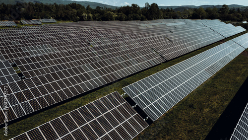 Aerial view of photovoltaic panels for renewable electric production, Czech Republic.