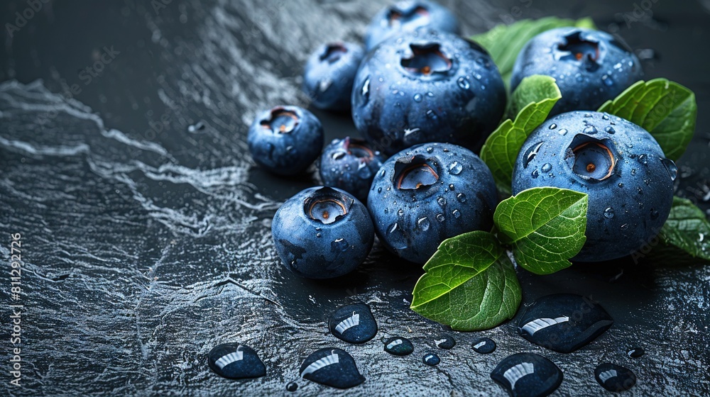   Blueberries sit atop the table, surrounded by leaves and droplets of water