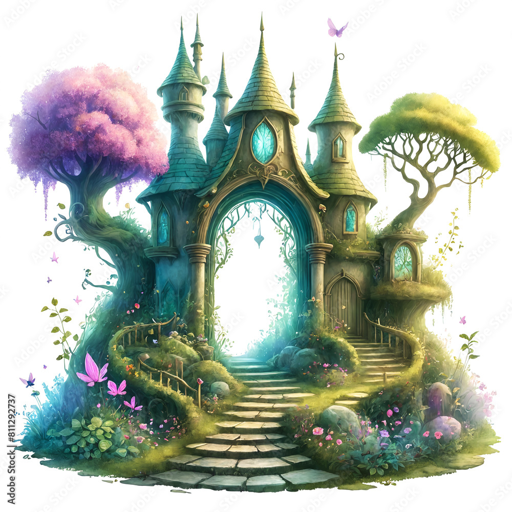 Obraz premium A whimsical and colorful fantasy scene featuring a castle. There are trees and flowers scattered throughout the image, further enhancing the whimsical and idyllic setting.