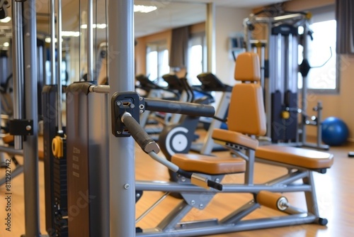 A gym packed with a variety of machines and equipment for workout enthusiasts, A piece of gym equipment that is often used for building muscle and improving endurance
